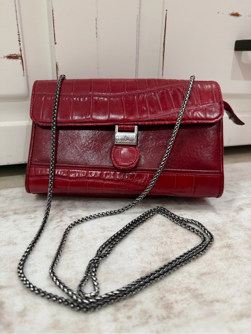 Brighton Red Croc-Embossed Leather Wallet on Chain Crossbody Bag Clutch